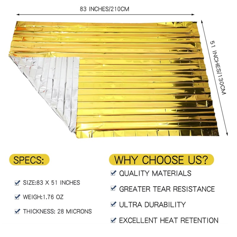Survival Blanket Reflective - 금-은색 마일라 열 보존 담요 130×210cm,